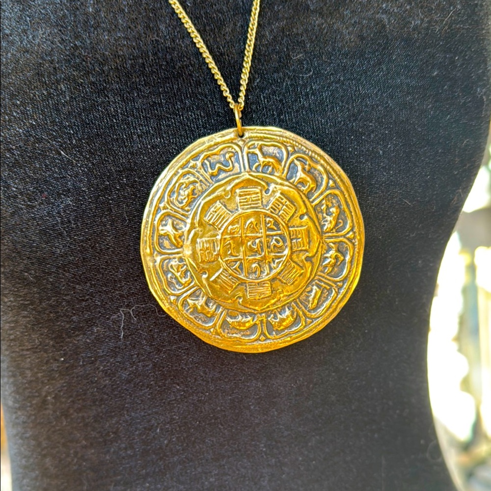 Vintage Tibetan Bronze Zodiac Medallion Pendant Necklace